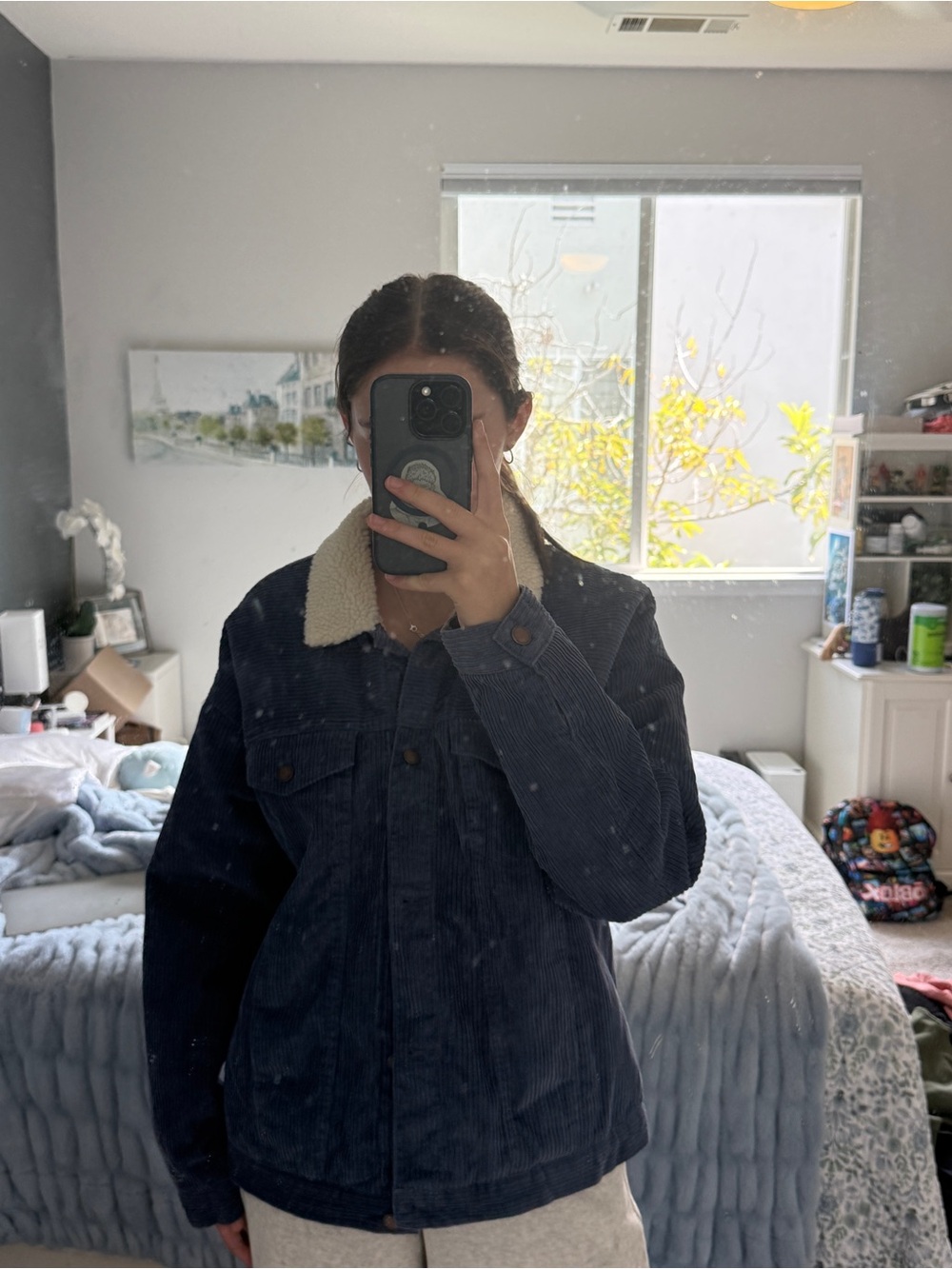 Roxy Navy Corduroy Sherpa-Trim Jean Jacket